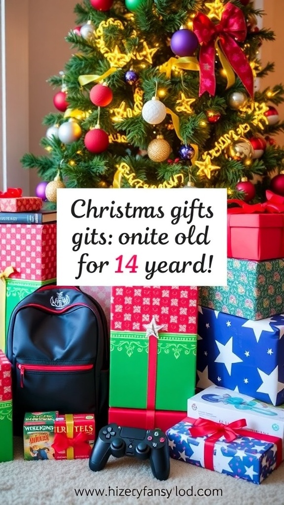 Christmas Wishlist Ideas for 14-Year-Olds A collection of Christmas gifts for teenagers, including a backpack, video game console, and books, under a Christmas tree.